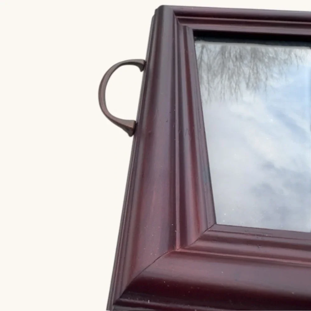 Vintage Mahogany Wood Glass Top Serving Tray‎ with Bronze Handles 19x12.5